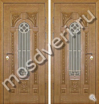 Входная дверь с резьбой, стеклом и ковкой из массива дуба - купить от производителя Мосдвери Входная дверь с резьбой, стеклом и ковкой из массива дуба
